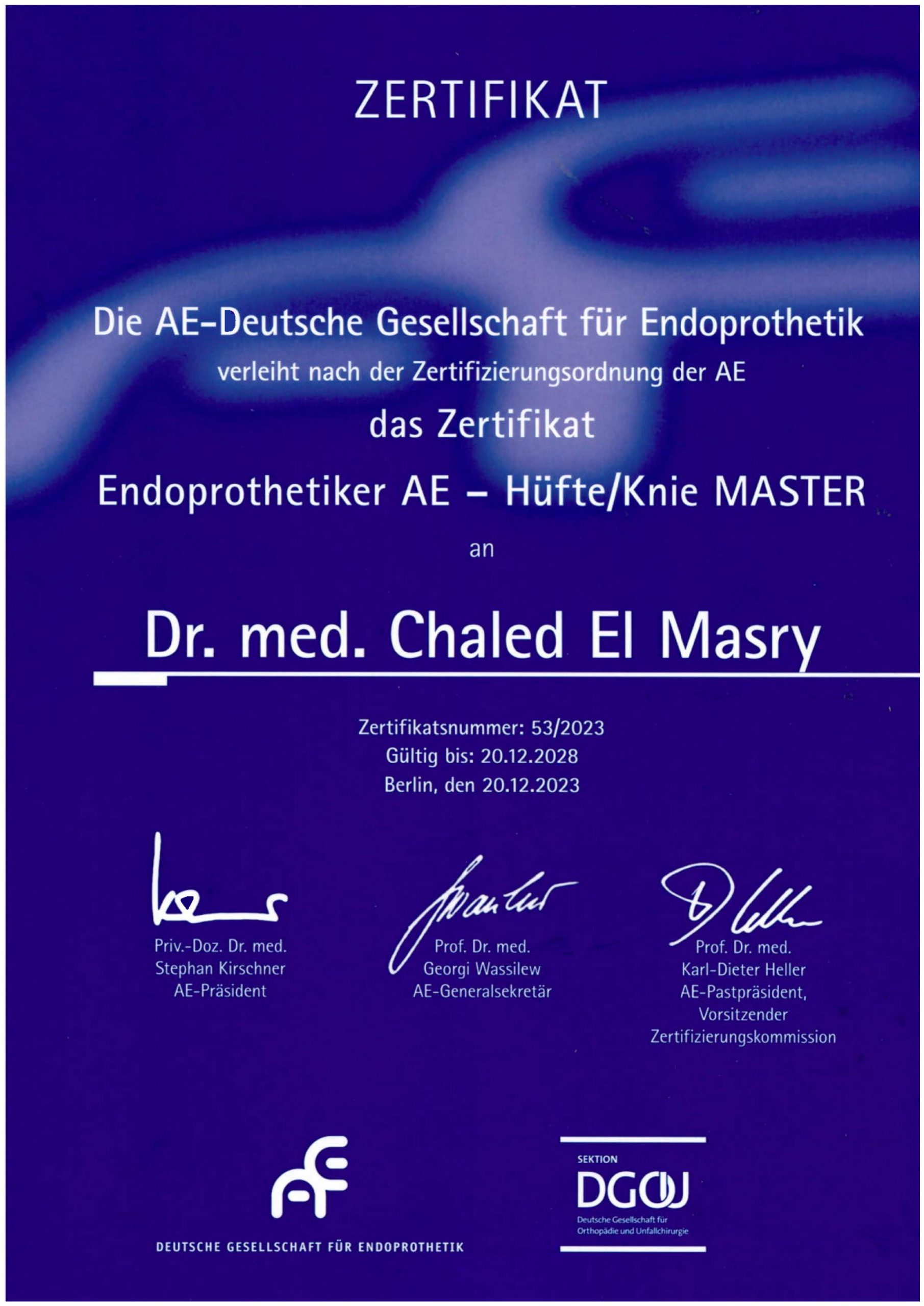 Zertifikat Endoprothetiker AE – Hüfte/Knie Master – Dr. med. Chaled Josef El Masry