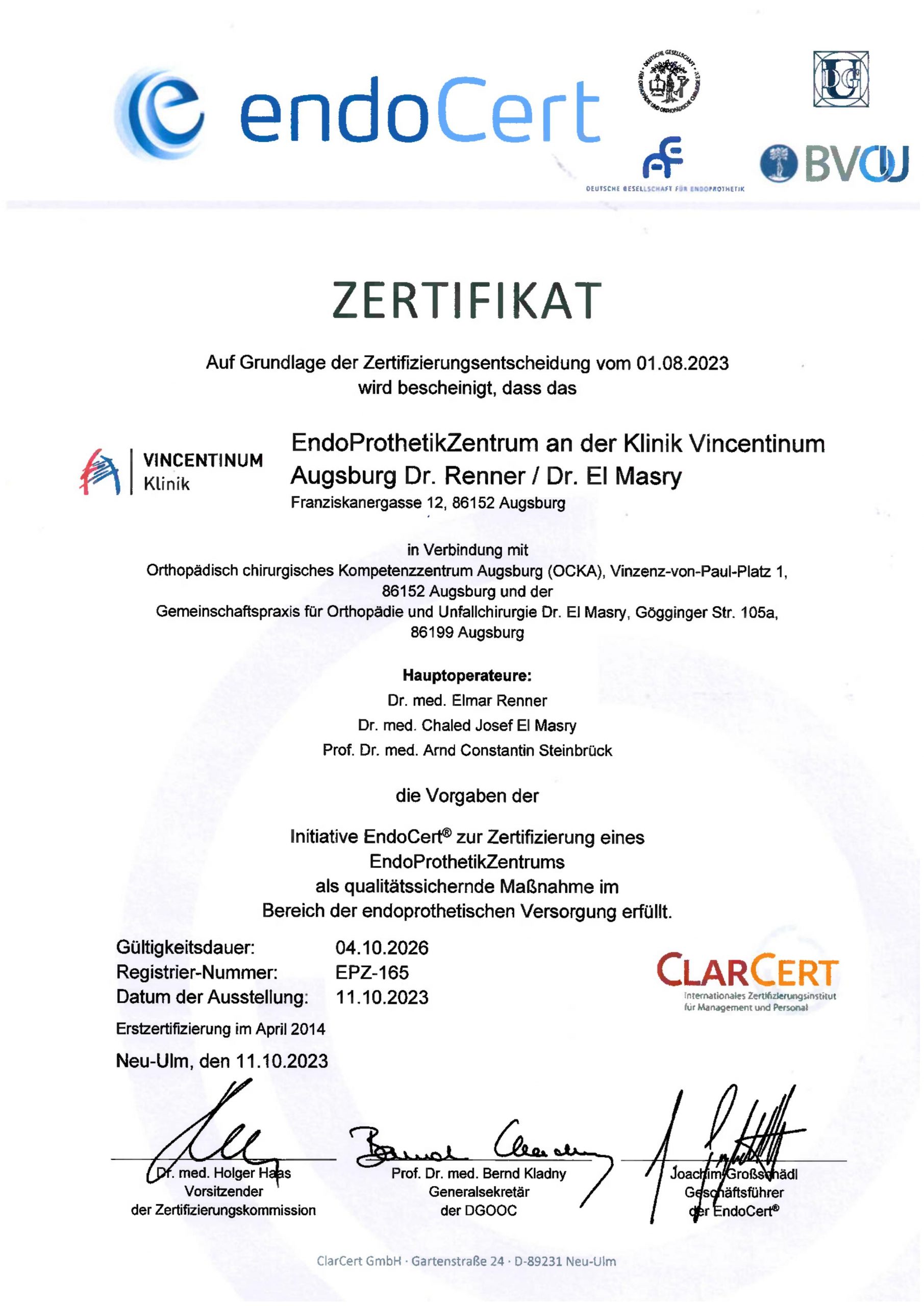 EndoCert Zertifikat EndoProthetikZentrum Klinik Vincentinum
