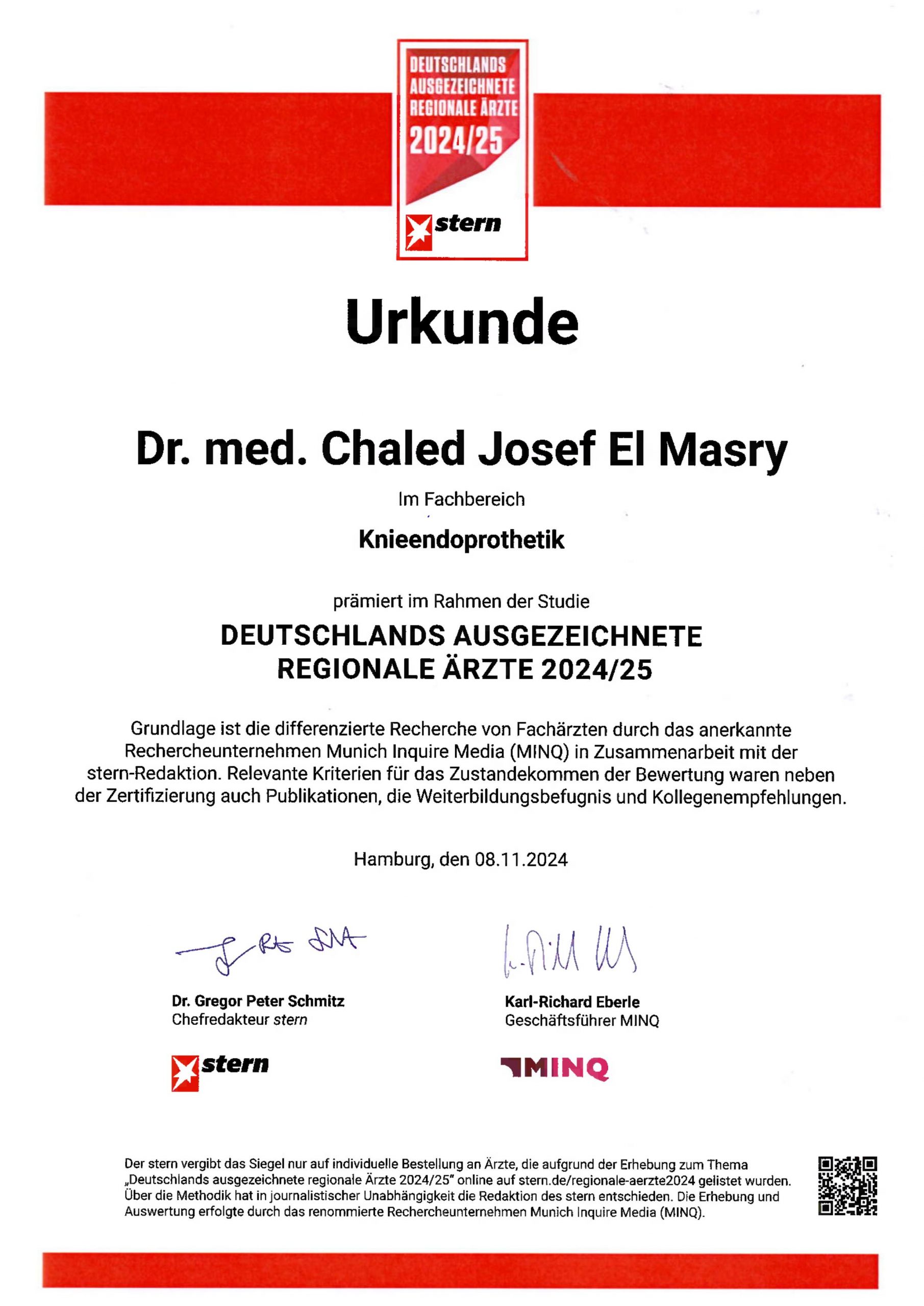 Urkunde Deutschlands Ausgezeichnete Regionale Ärzte 2024/25 Knieendoprothetik – Dr. med. Chaled Josef El Masry
