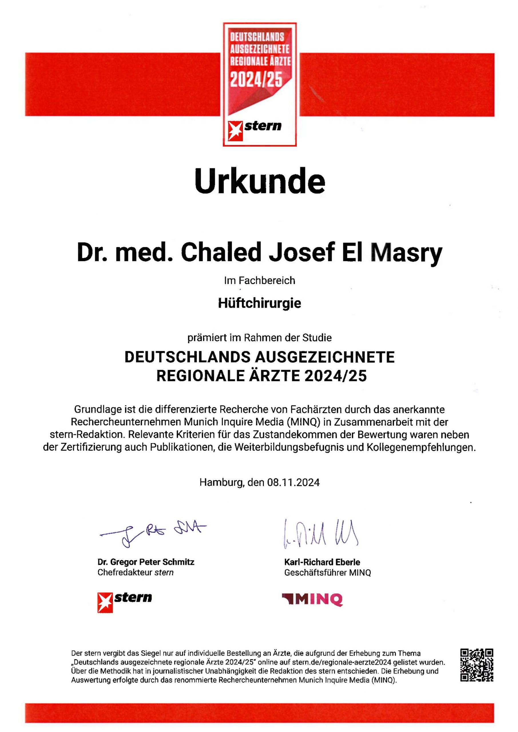 Urkunde Deutschlands Ausgezeichnete Regionale Ärzte 2024/25 Hüftchirurgie – Dr. med. Chaled Josef El Masry