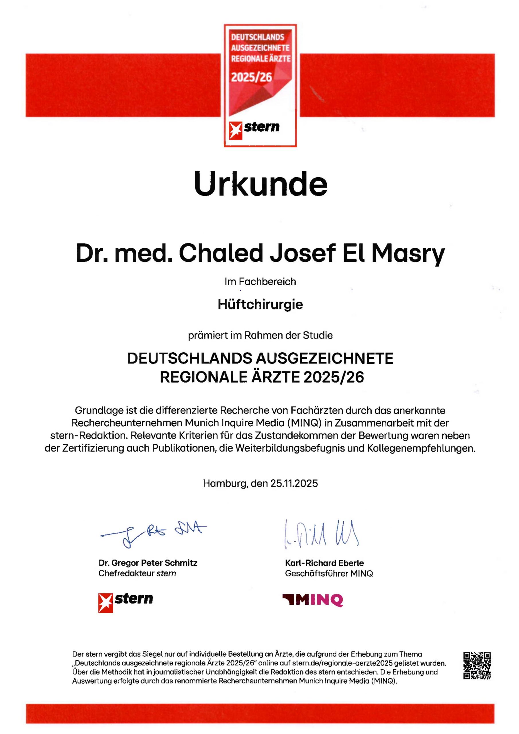 Urkunde Deutschlands Ausgezeichnete Regionale Ärzte 2025/26 Hüftchirurgie – Dr. med. Chaled Josef El Masry