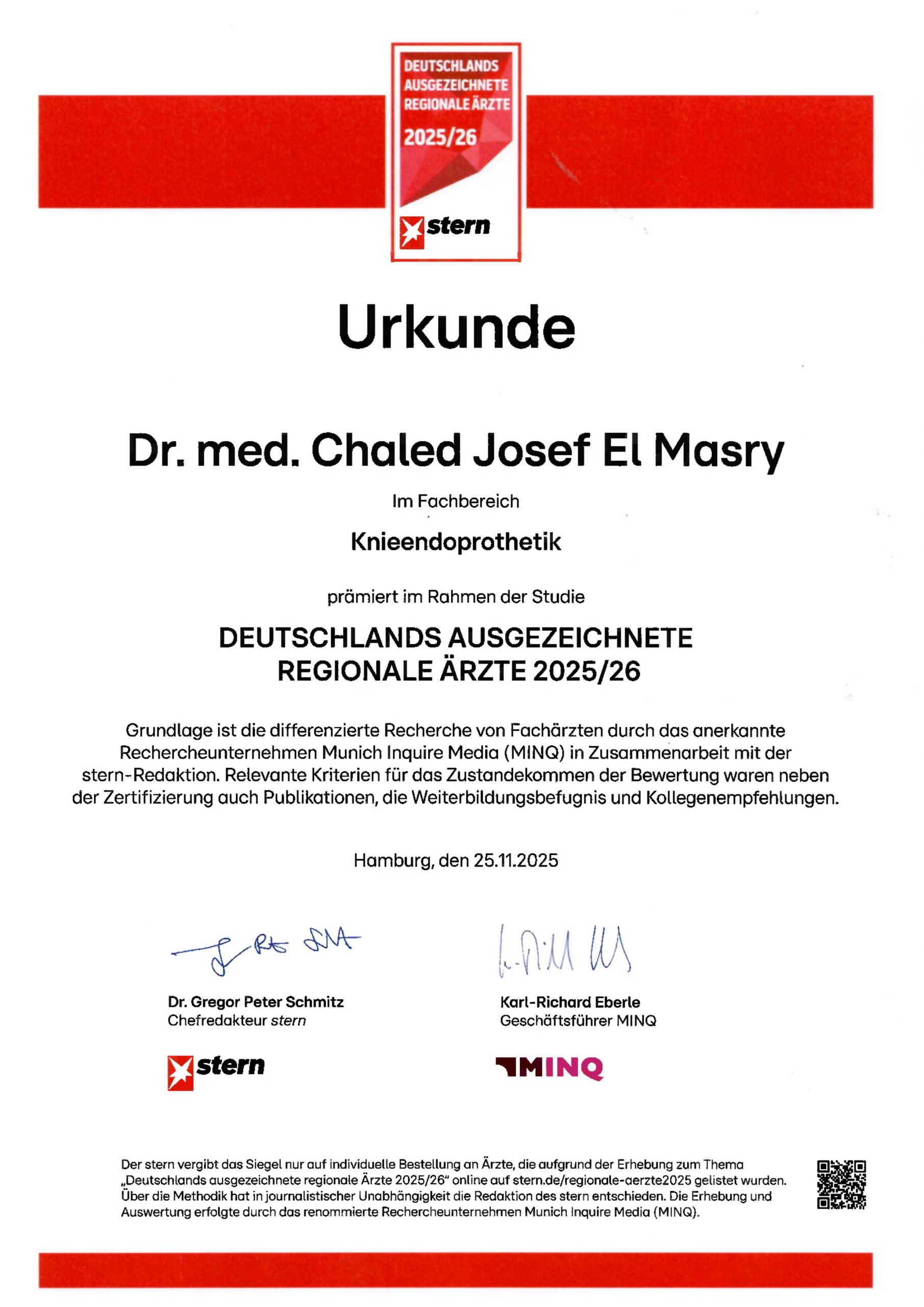 Urkunde Deutschlands Ausgezeichnete Regionale Ärzte 2025/26 Knieendoprothetik – Dr. med. Chaled Josef El Masry